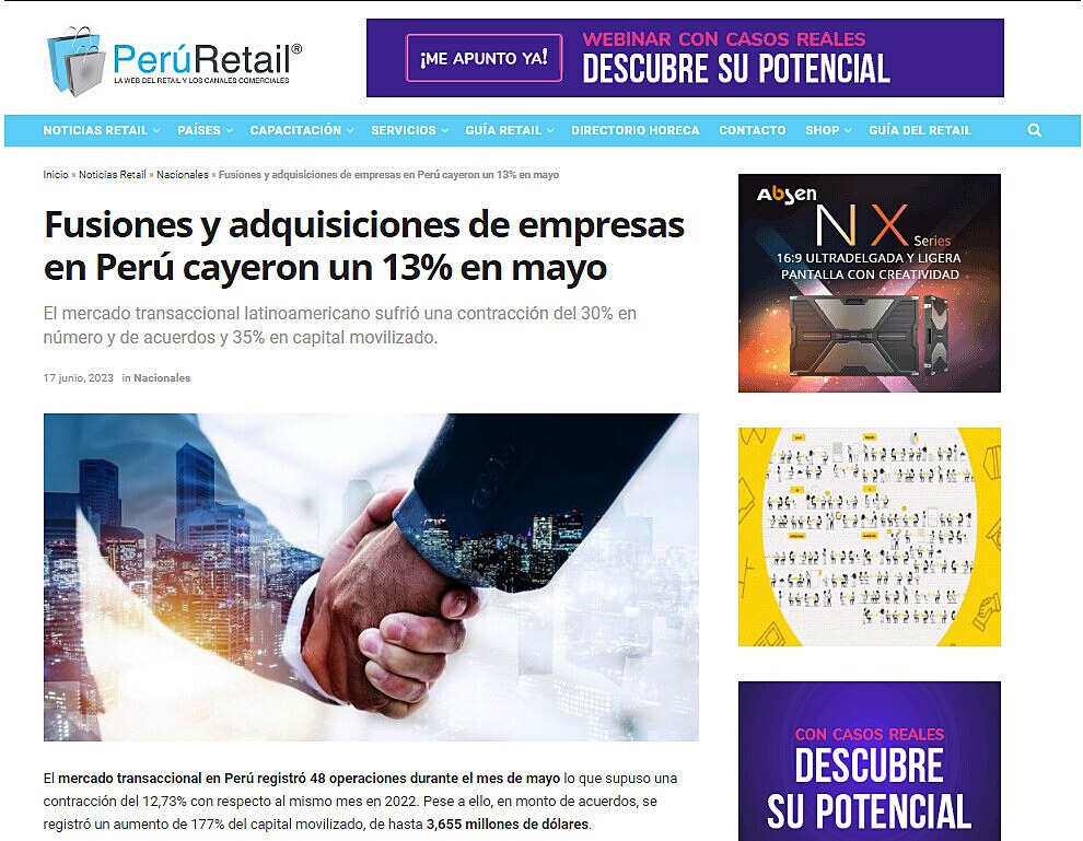 Fusiones y adquisiciones de empresas en Per cayeron un 13% en mayo